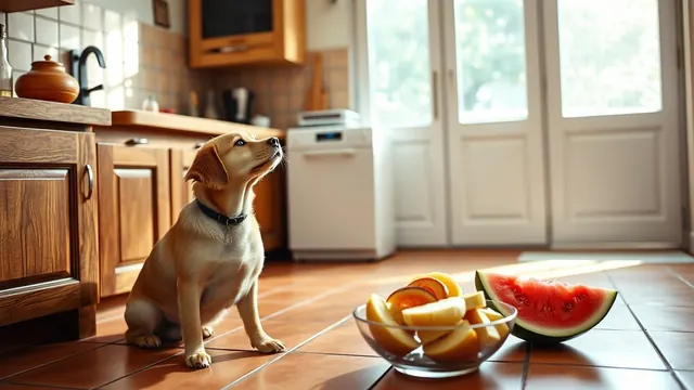 Perro mestizo de pelo corto mira una tabla con manzana, plátano y sandía cortados en una cocina luminosa