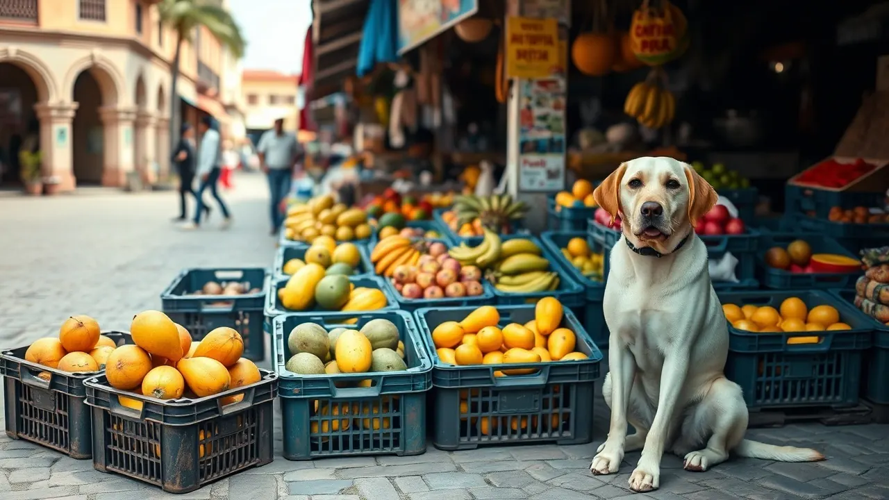 Labrador de pelo amarillo sentado junto a un puesto de mercado con sandías, mangos, papayas y plátanos