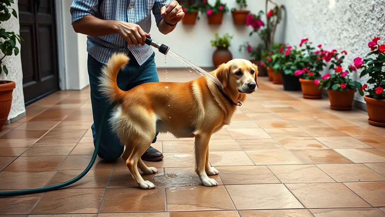 Persona moja con una manguera el vientre de un perro mestizo dorado en un patio andaluz
