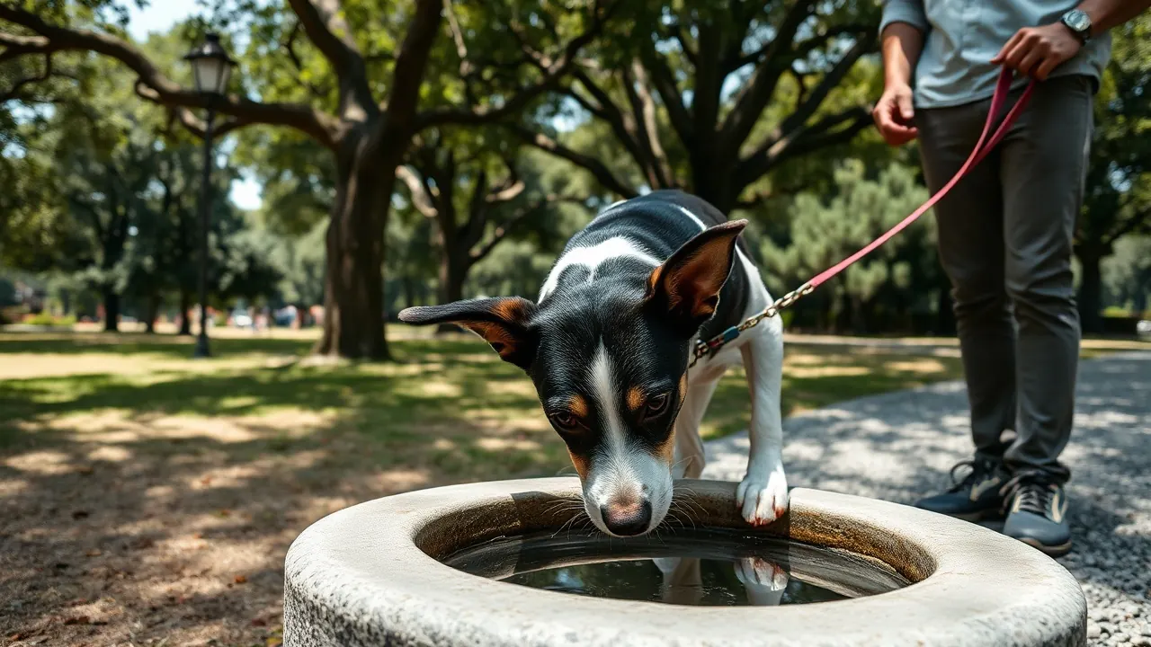 Perro mestizo blanco y negro bebe agua de una fuente baja en un parque de Madrid a la sombra
