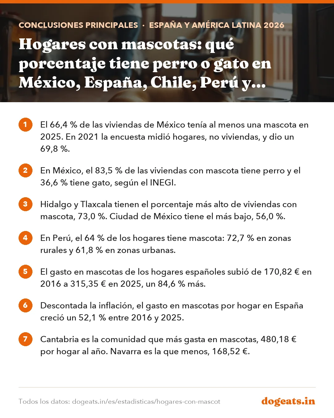 Conclusiones principales: Hogares con mascotas: qué porcentaje tiene perro o gato en México, España, Chile, Perú y Colombia, y cuánto gasta