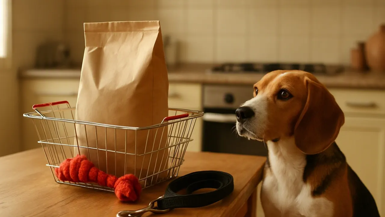 Un beagle junto a una cesta con pienso, un juguete y una correa, gasto en mascotas en España