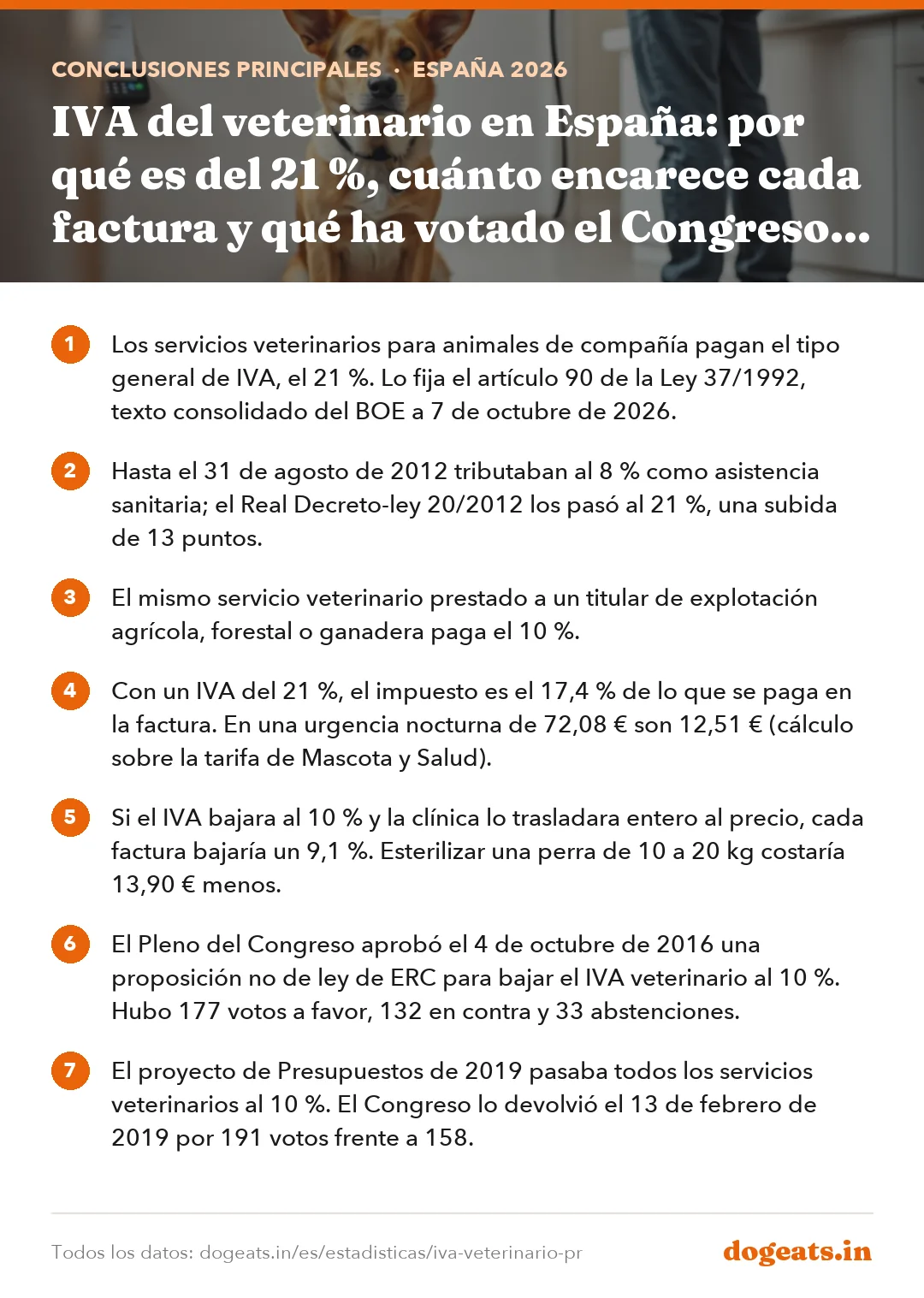 Conclusiones principales: IVA del veterinario en España: por qué es del 21 %, cuánto encarece cada factura y qué ha votado el Congreso para bajarlo