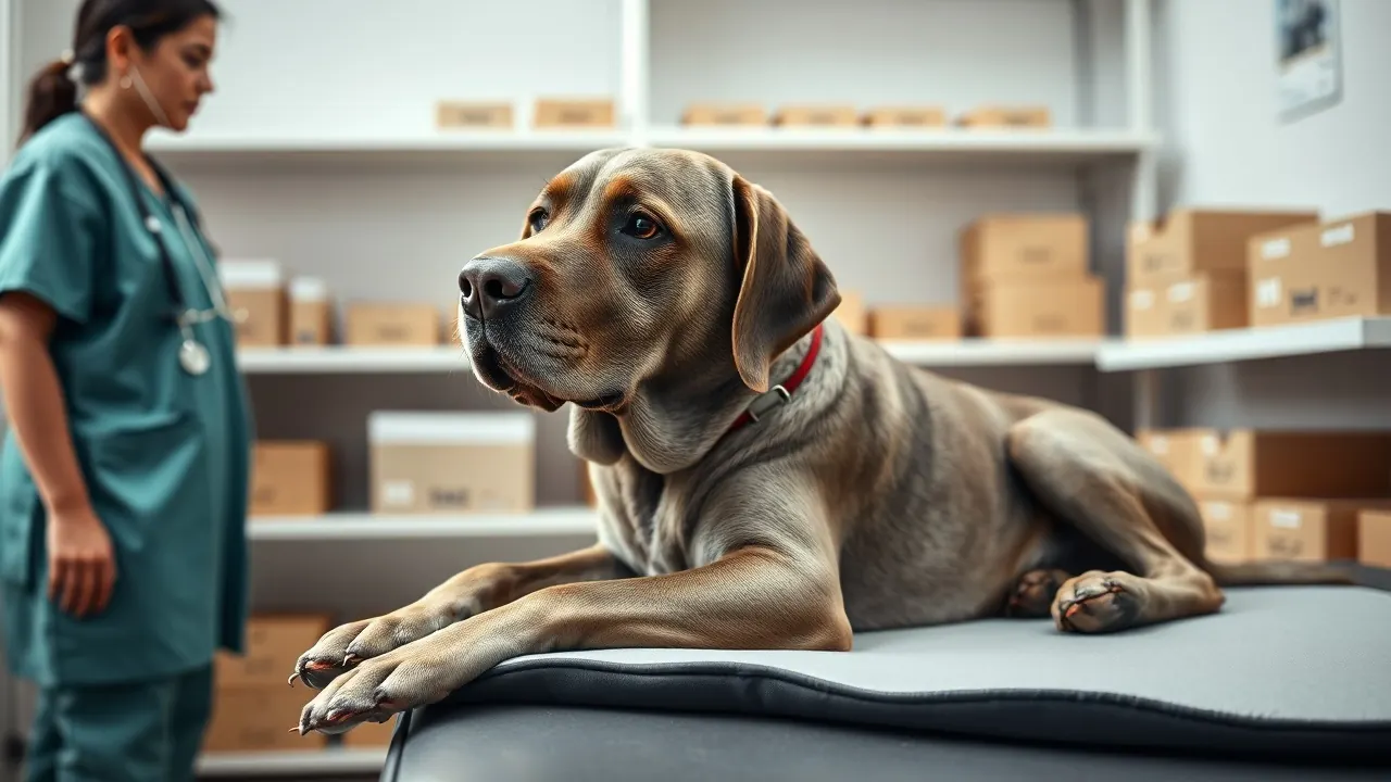 Veterinaria auscultando a un labrador mayor tumbado en la mesa de exploración de una clínica
