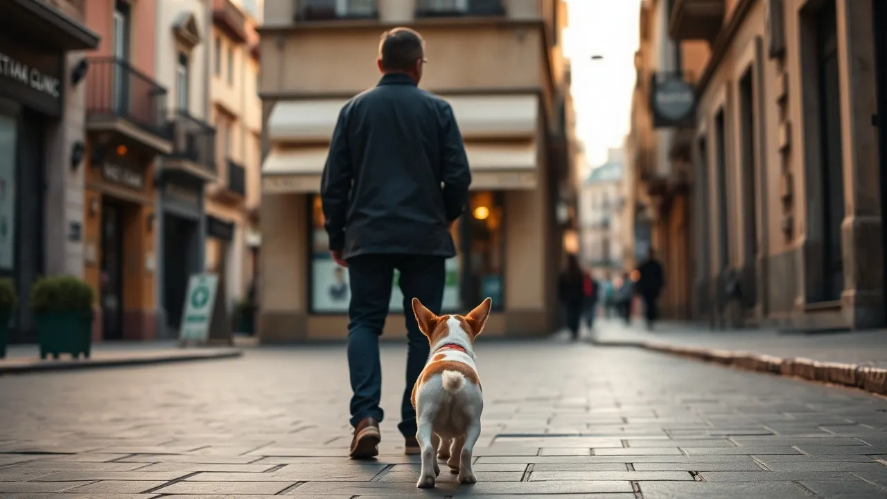 Persona paseando a un perro pequeño por una calle peatonal de un casco antiguo, frente a una clínica veterinaria