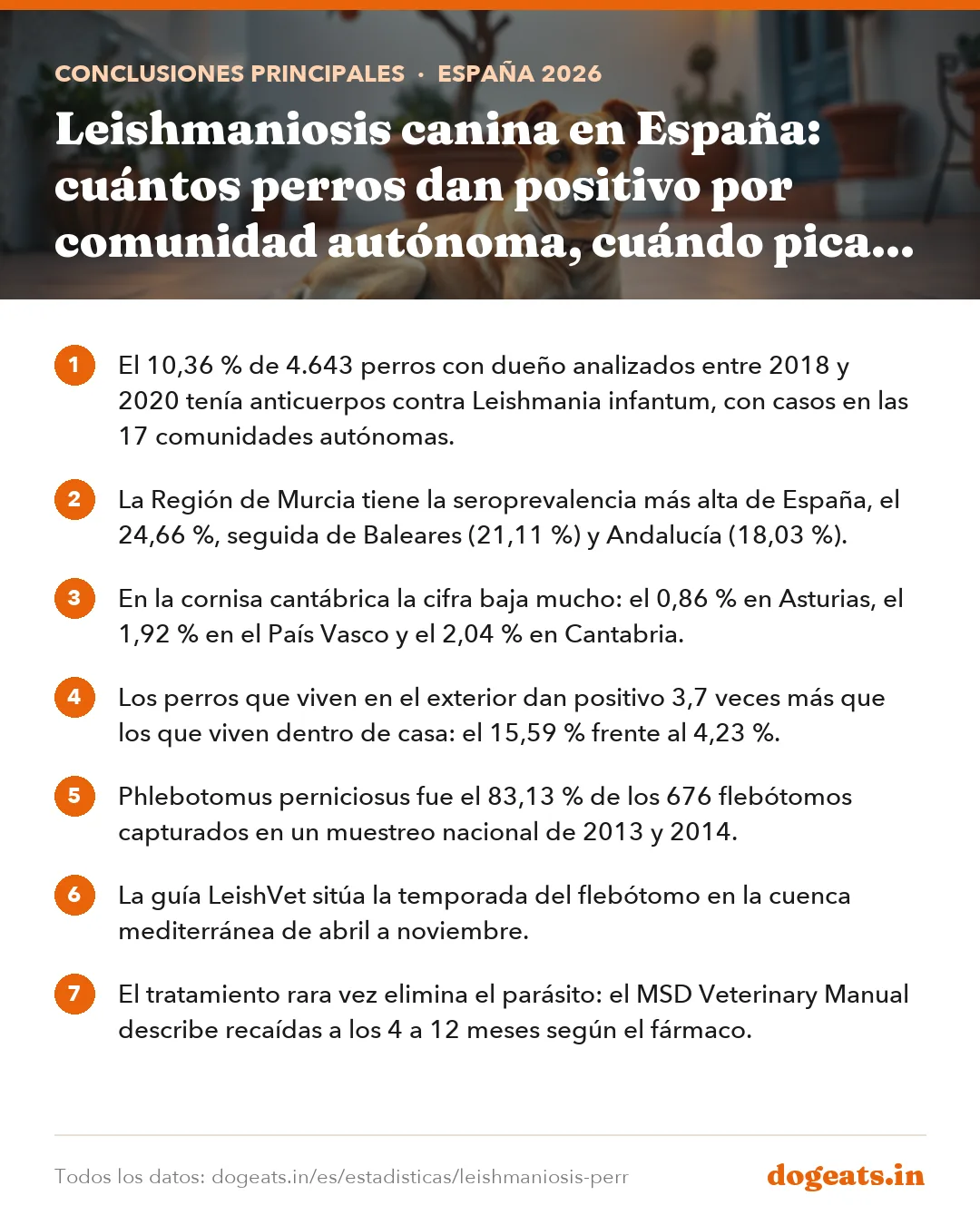Conclusiones principales: Leishmaniosis canina en España: cuántos perros dan positivo por comunidad autónoma, cuándo pica el flebótomo y cuántas personas enferman