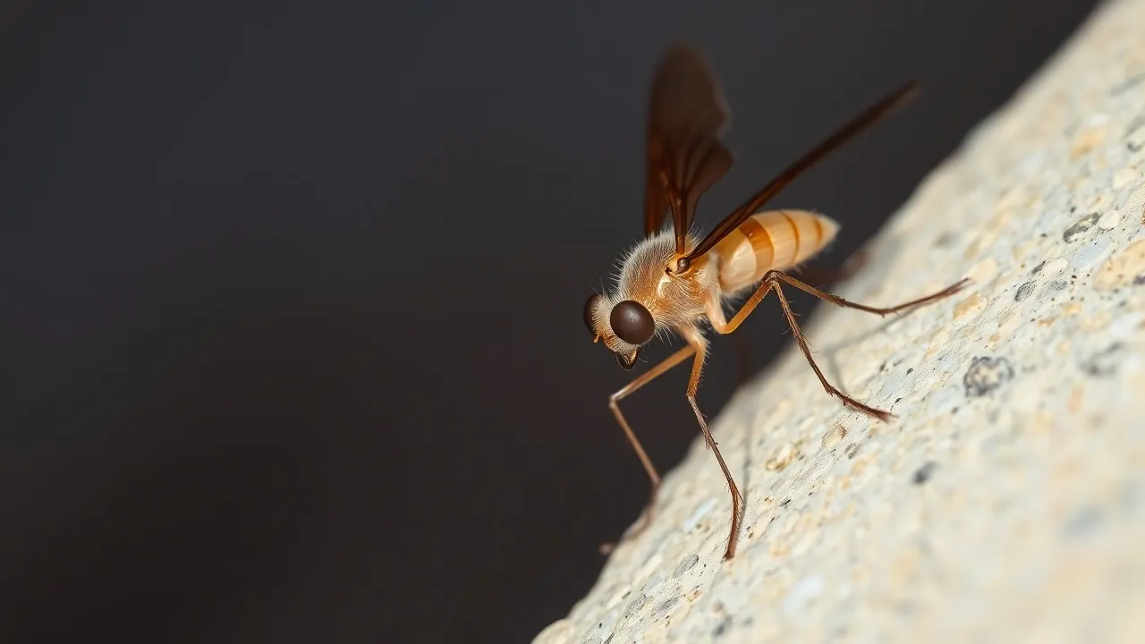 Primer plano de una hembra de flebótomo Phlebotomus perniciosus con las alas en V sobre una pared de piedra al atardecer