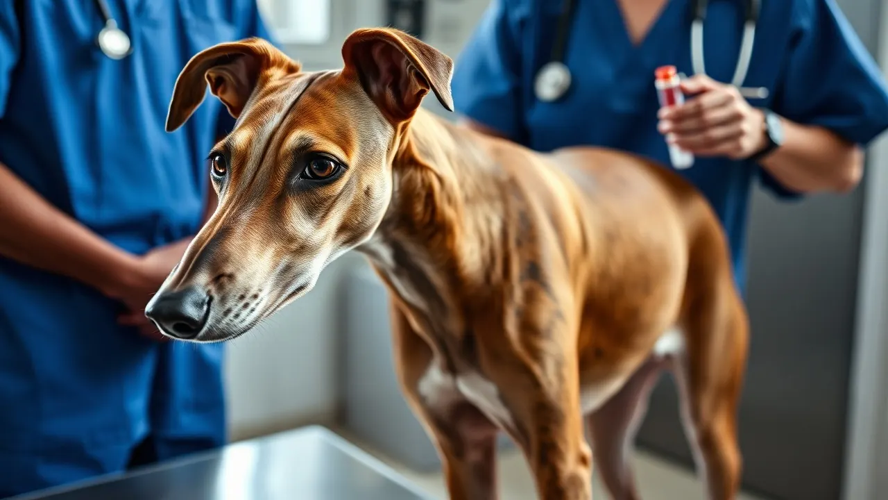 Galgo atigrado en la mesa de una clínica veterinaria mientras una veterinaria sostiene un tubo para la muestra de sangre