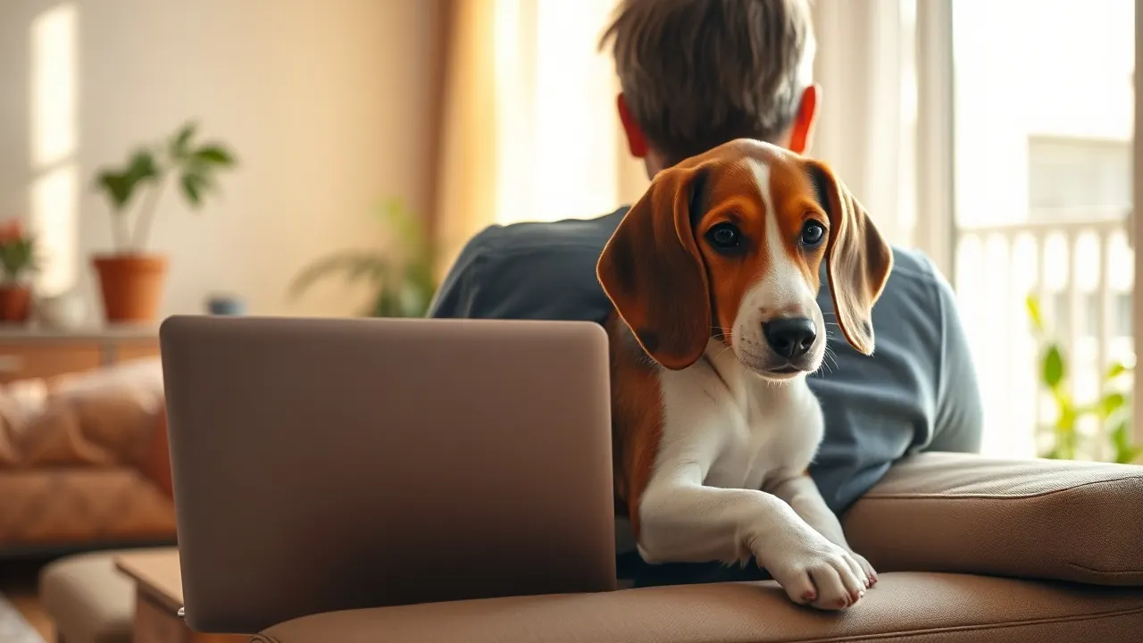 Persona en el sofá con un portátil cerrado y un beagle apoyado en su pierna, futura formación obligatoria para dueños de perros