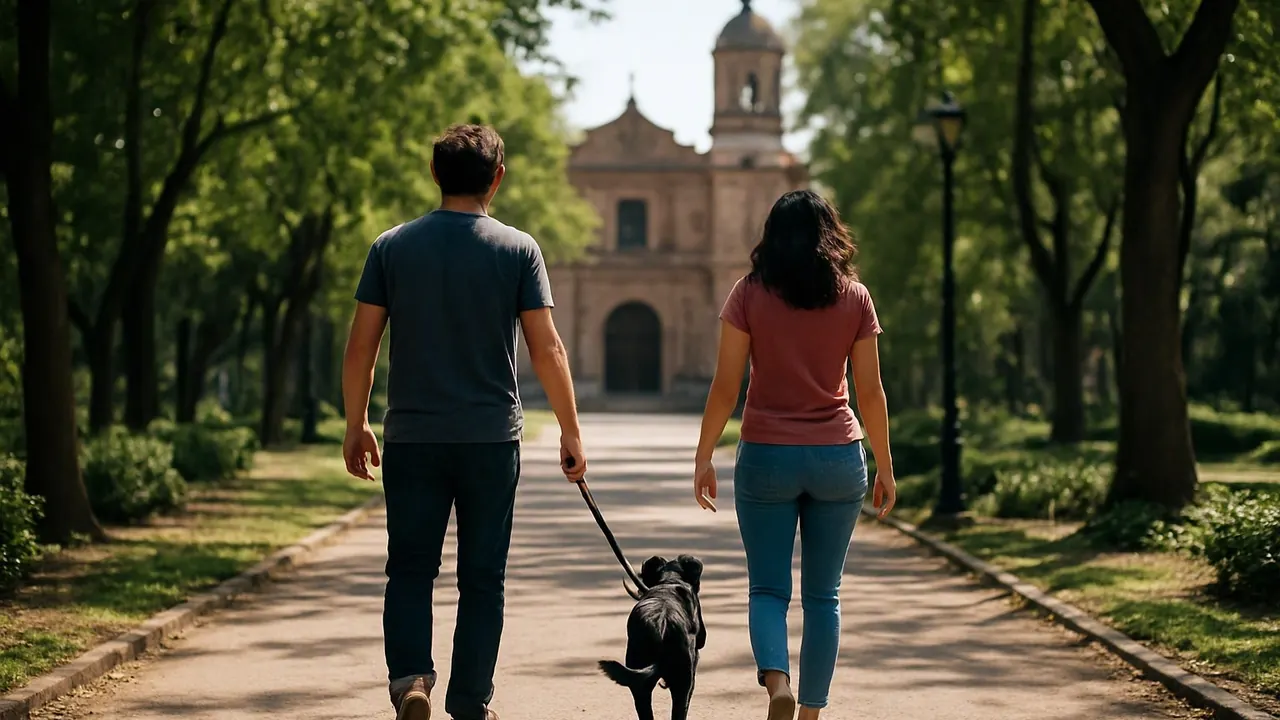 Una pareja pasea a un perro con correa en un parque de la Ciudad de México, ley de bienestar animal CDMX