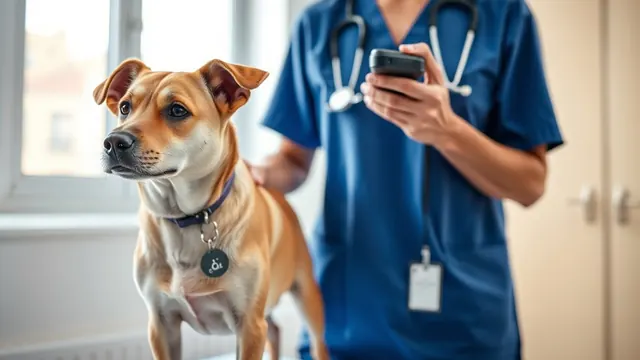 Veterinaria lee el microchip de un perro mestizo en una clínica, identificación obligatoria por la ley de bienestar animal