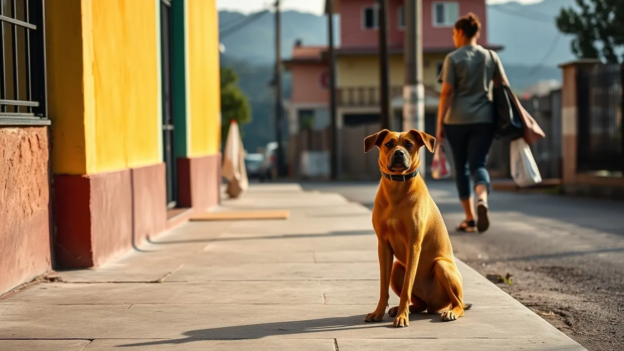Perro mestizo marrón sentado en una acera de un barrio de Bogotá, contexto de las estadísticas de maltrato animal en Colombia