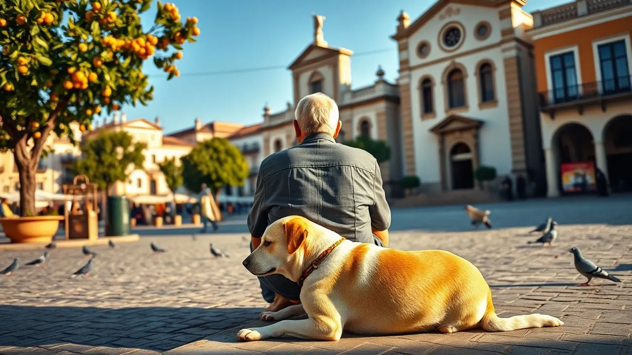 Hombre mayor de espaldas en un banco de una plaza española junto a su perro mestizo color crema tumbado