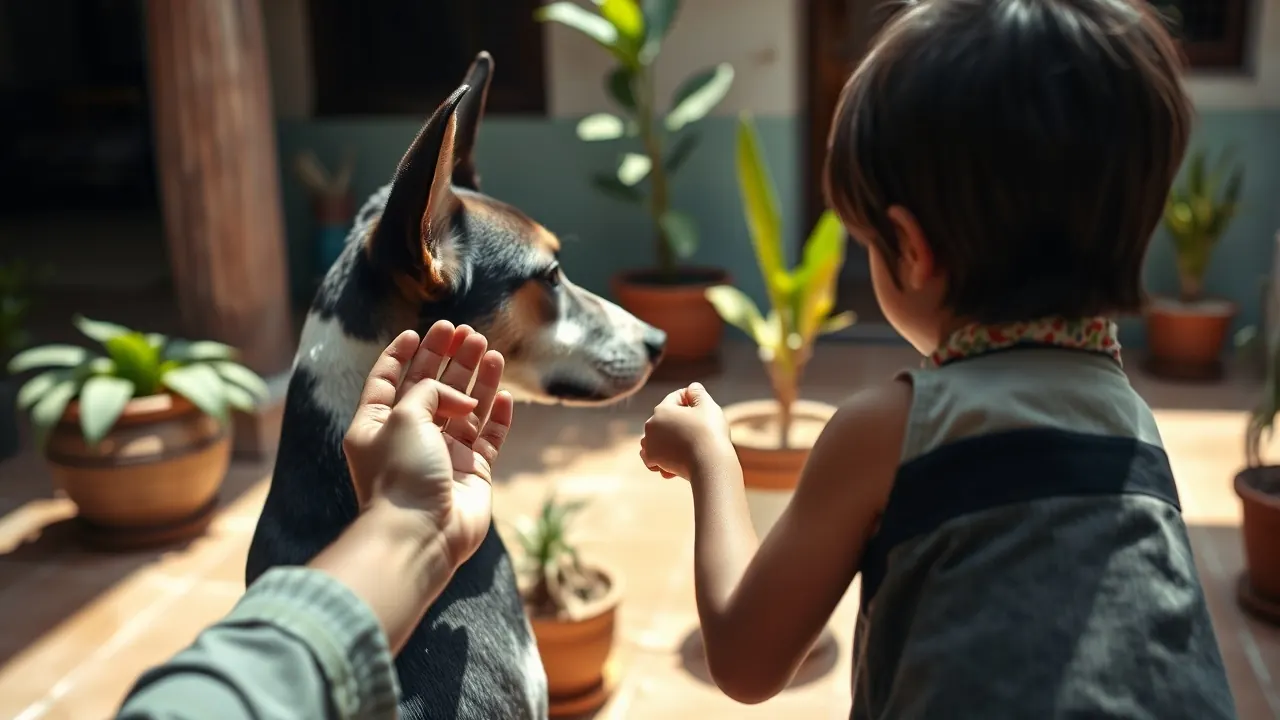 Manos de un niño acercándose con calma a un perro mestizo en un patio, prevención de mordeduras de perro en niños