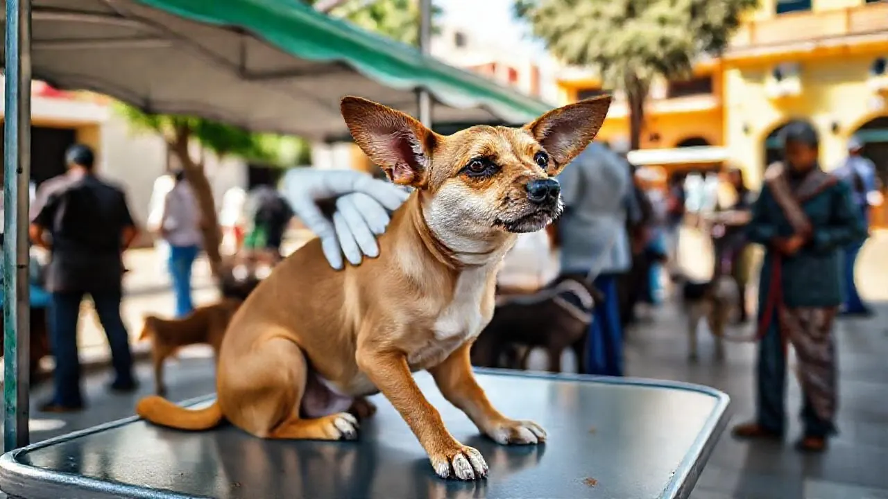 Punto de vacunación antirrábica para perros en una plaza de México con un perro mestizo sobre una mesa