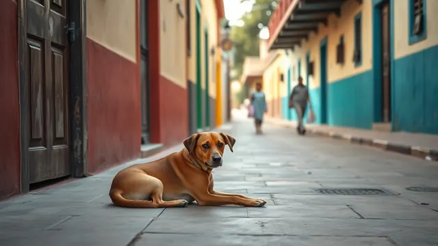 Perro mestizo descansando en la banqueta de una colonia mexicana, imagen sobre mordeduras de perro en México