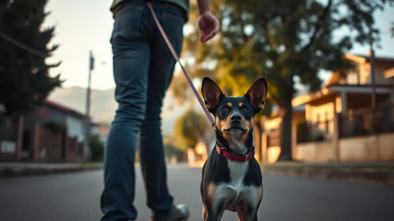 Perro mestizo negro y fuego paseando con su dueño por una calle residencial de Santiago de Chile