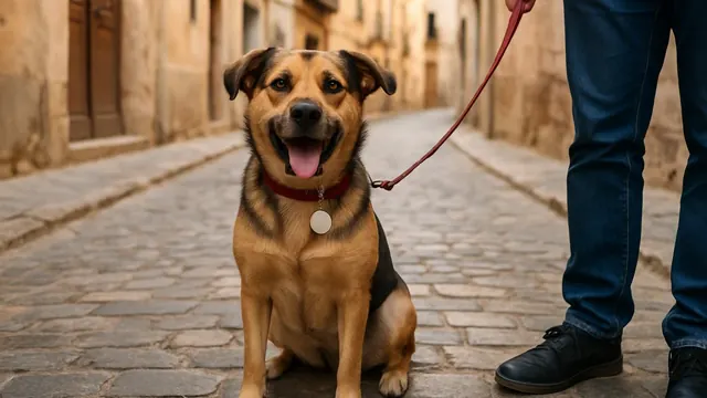 Un perro mestizo con collar y chapa identificativa en una calle empedrada, nombres de perros más comunes