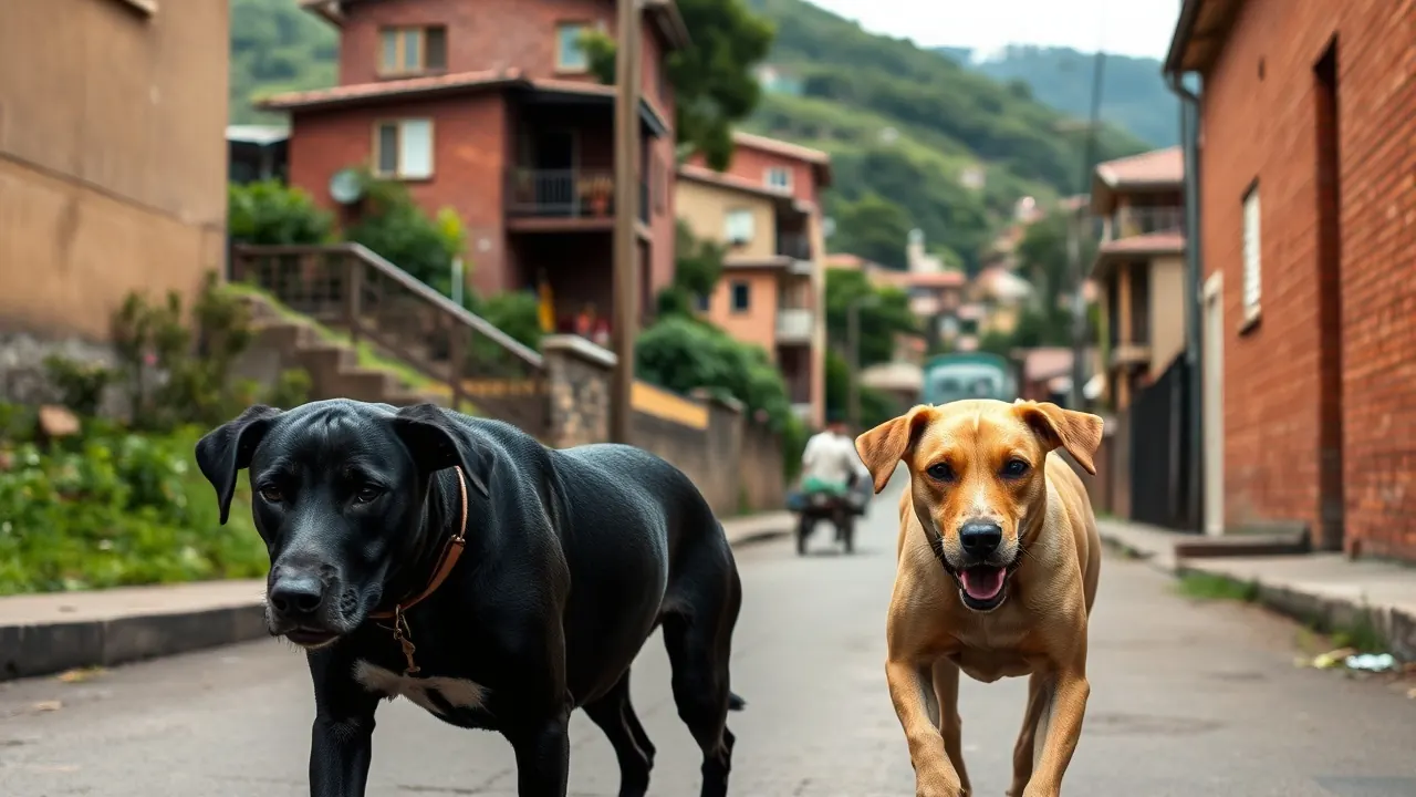 Dos perros mestizos caminan por una calle de un barrio del sur de Bogotá, donde se concentran los perros de calle