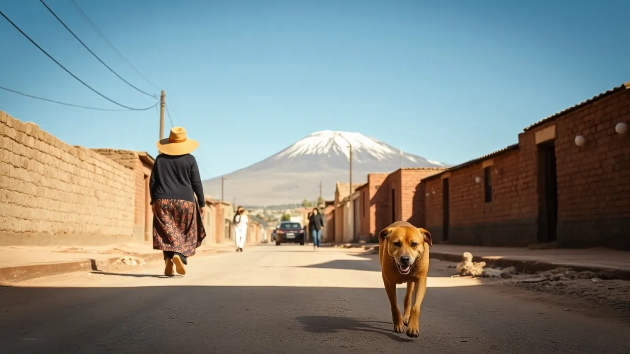 Perro mestizo de pelo arena camina por una calle de las afueras de Arequipa, con el volcán Misti al fondo