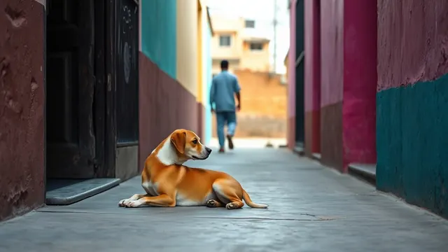 Perro mestizo color caramelo descansa a la sombra en una calle de una colonia mexicana, imagen sobre perros callejeros