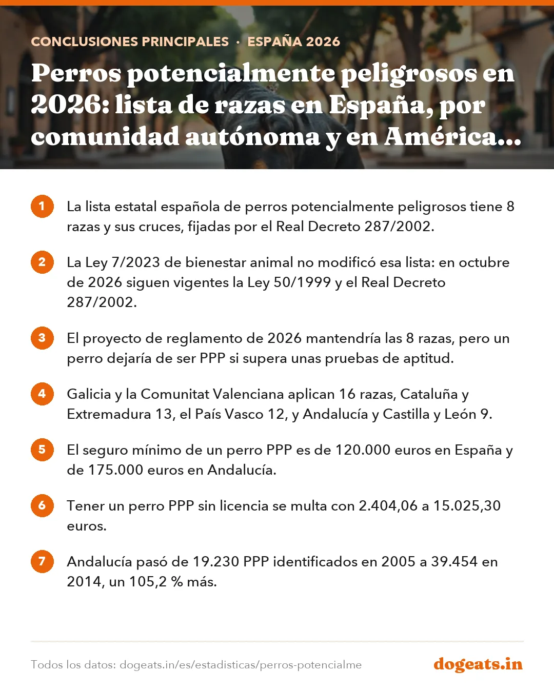 Conclusiones principales: Perros potencialmente peligrosos en 2026: lista de razas en España, por comunidad autónoma y en América Latina