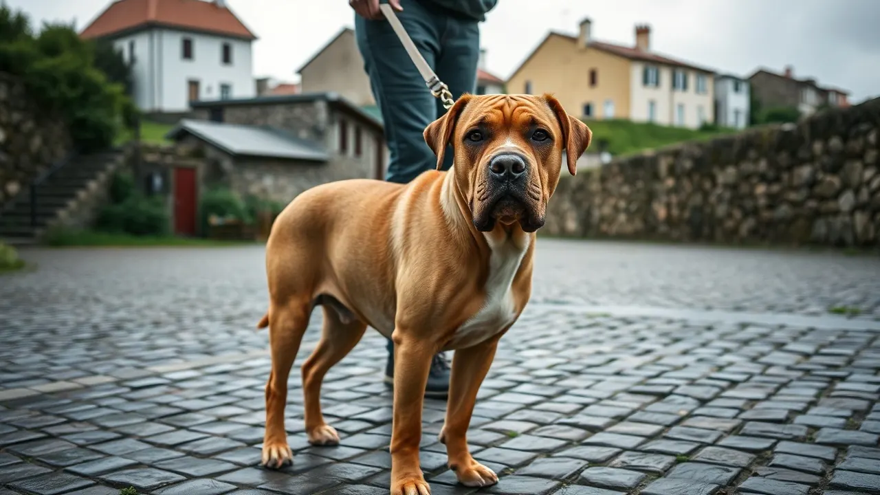 Dogo de Burdeos tranquilo con correa en una calle empedrada de un pueblo gallego, raza incluida en la lista de Galicia