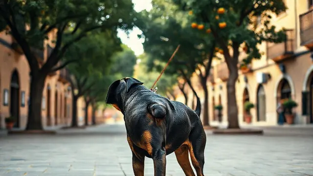 Rottweiler con bozal de cesta y correa corta paseando junto a su dueño por una plaza española arbolada