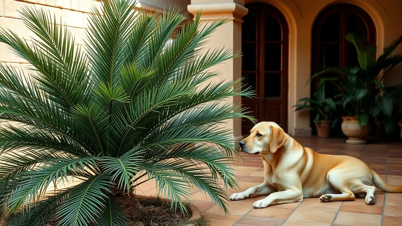 Cica o palma de sagú en un patio de baldosas de barro con un perro mestizo tumbado a varios metros