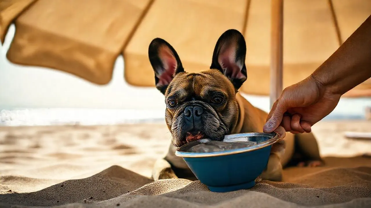 Bulldog francés bebe agua dulce de un cuenco a la sombra de una sombrilla en la playa