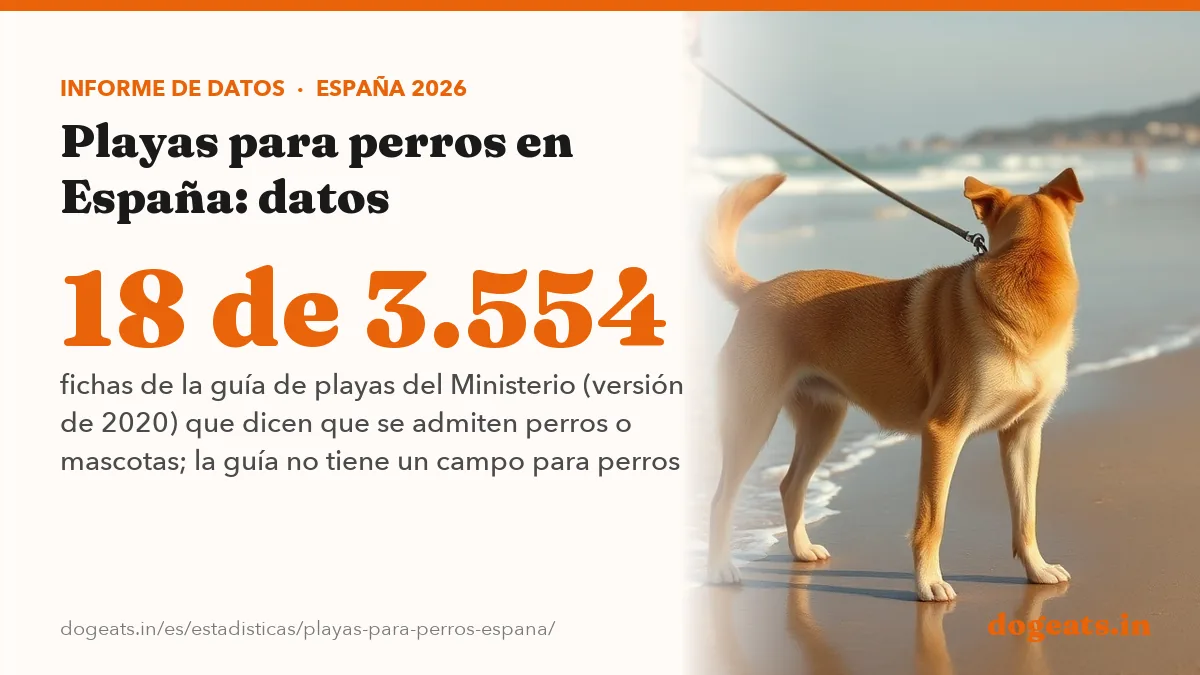 18 de 3.554 fichas de la guía de playas del Ministerio (versión de 2020) que dicen que se admiten perros o mascotas; la guía no tiene un campo para perros