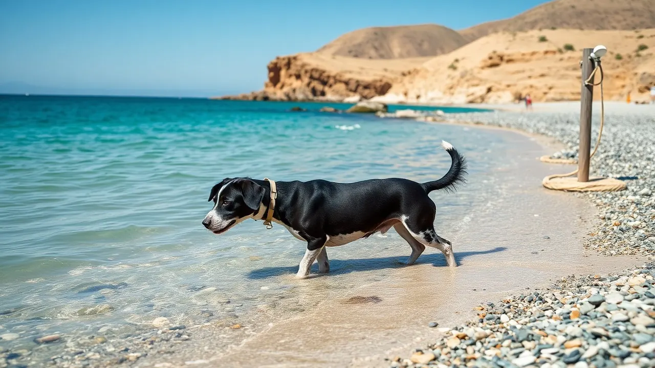 Perro blanco y negro chapoteando en una cala de grava de agua turquesa junto a una ducha para perros