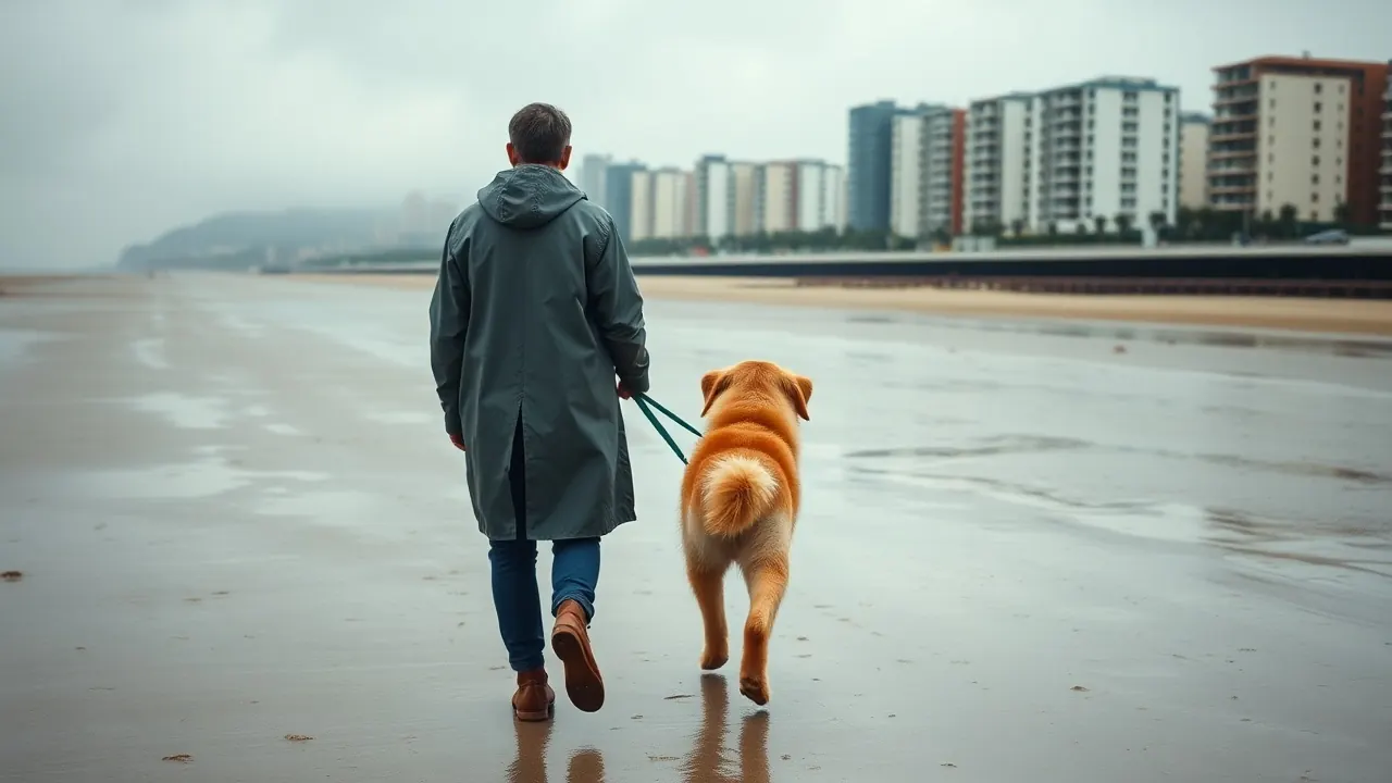 Persona de espaldas pasea con un perro grande de pelo dorado por una playa urbana vacía en otoño