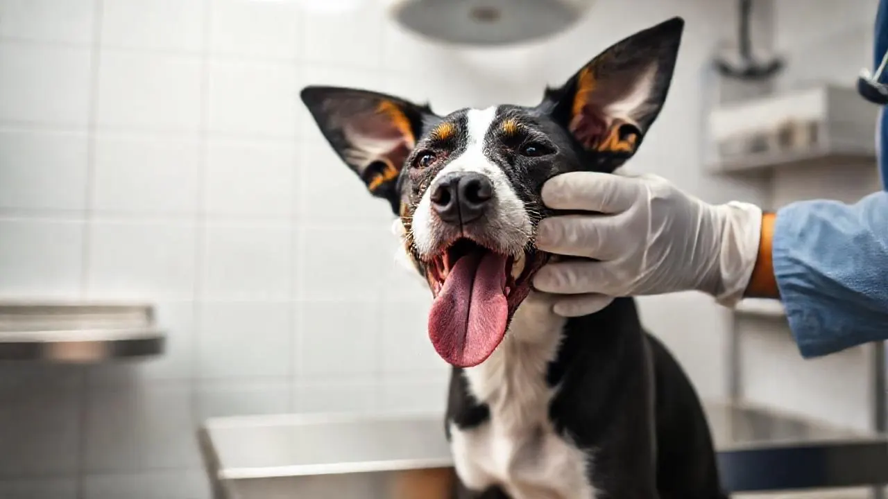 Manos con guantes de una veterinaria abren la boca de un perro mestizo blanco y negro sobre una mesa de exploración