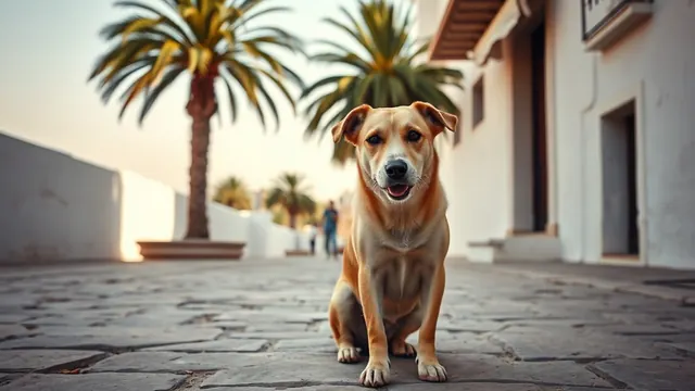 Perro mestizo tranquilo sentado junto a una pared encalada en una ciudad costera, imagen sobre la rabia en perros