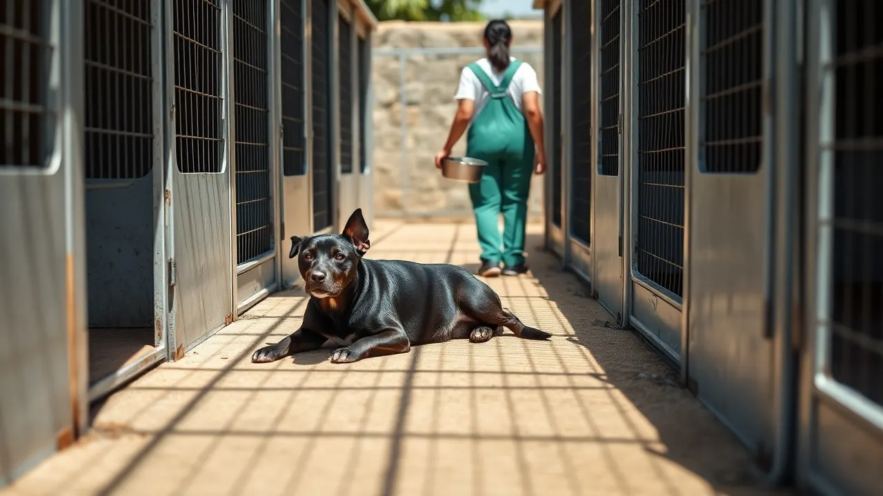 Perro mestizo tranquilo en un centro de acogida y observación de animales en una ciudad costera española