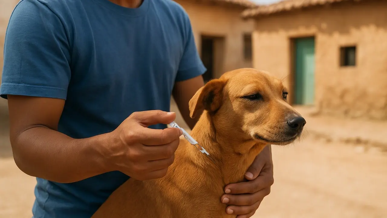 Un trabajador de salud sostiene a un perro durante una jornada de vacunación antirrábica en América Latina