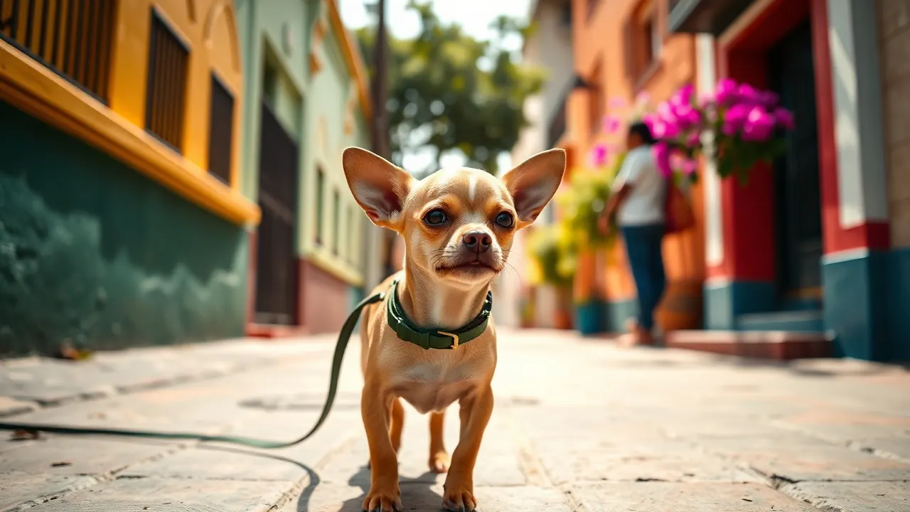 Chihuahua leonado pasea por una calle colorida de Ciudad de México, una de las razas de perros más populares allí