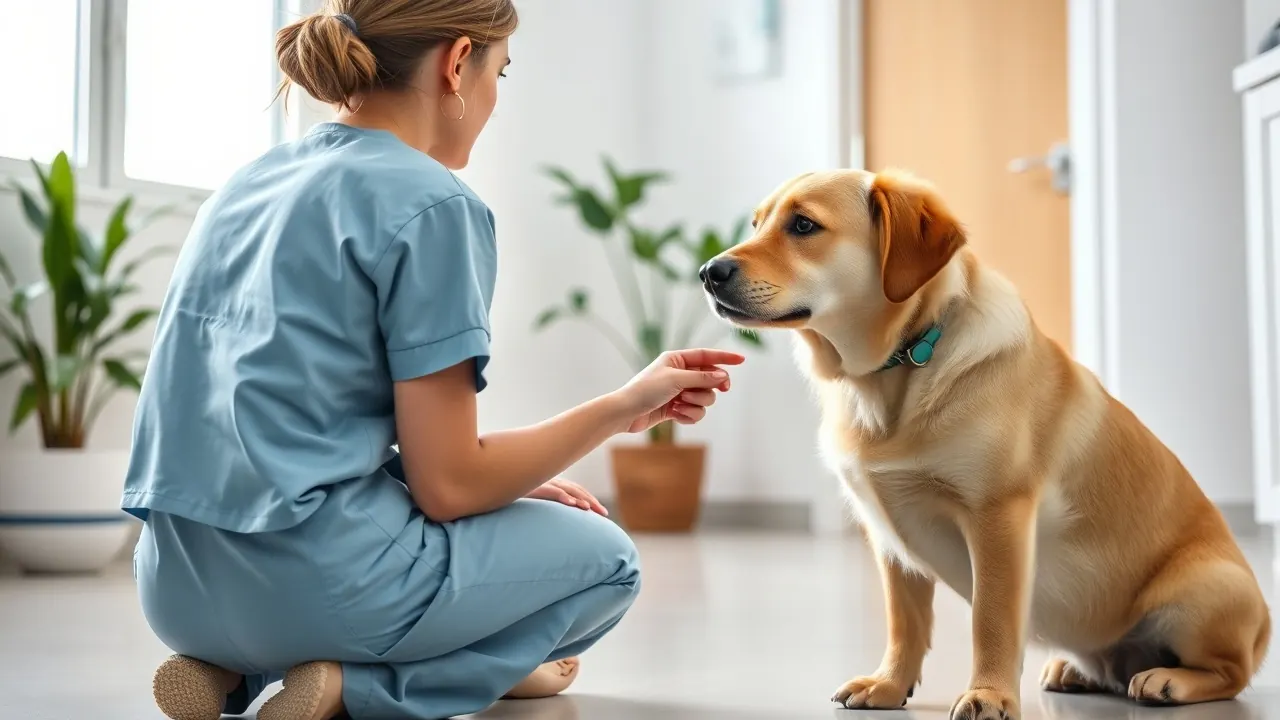 Veterinaria joven de espaldas, agachada en una clínica, saluda a un perro de pelo dorado que le olfatea la mano