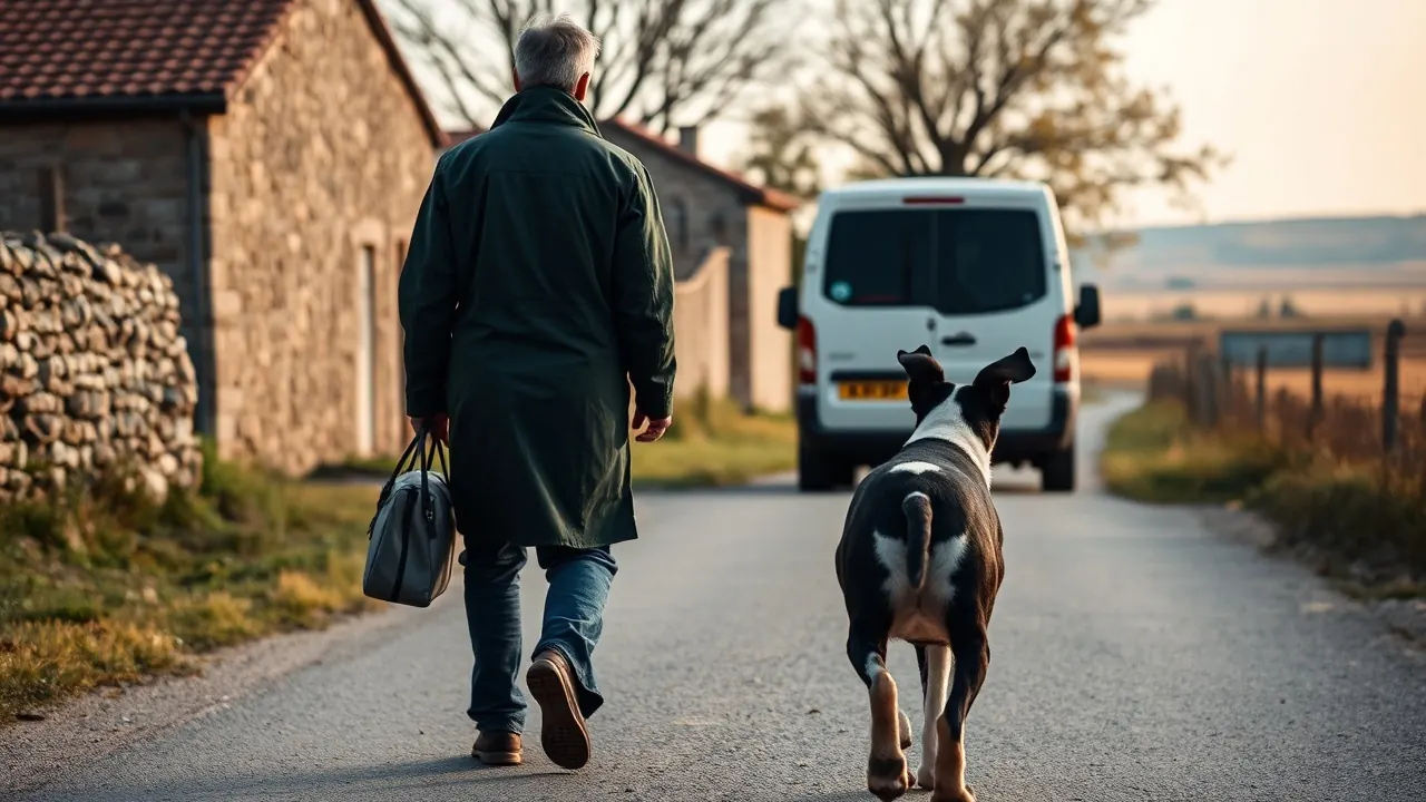 Veterinario de espaldas con un maletín camina por un camino rural de Castilla y León junto a un perro blanco y negro