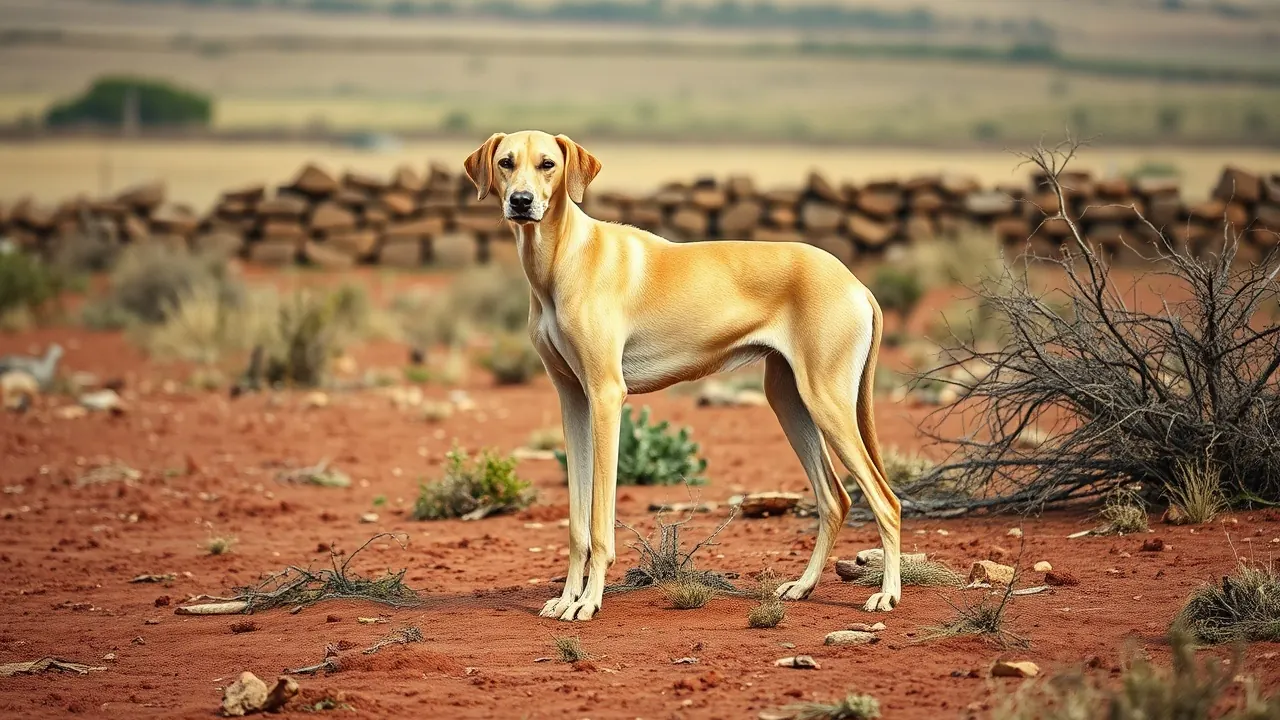 A lean cream Mudhol Hound standing alert on red earth in an open scrub field at dawn