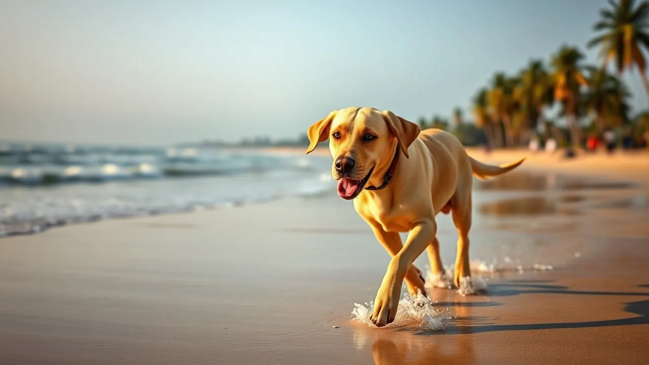 A yellow Labrador Retriever running along wet sand on a beach at sunrise