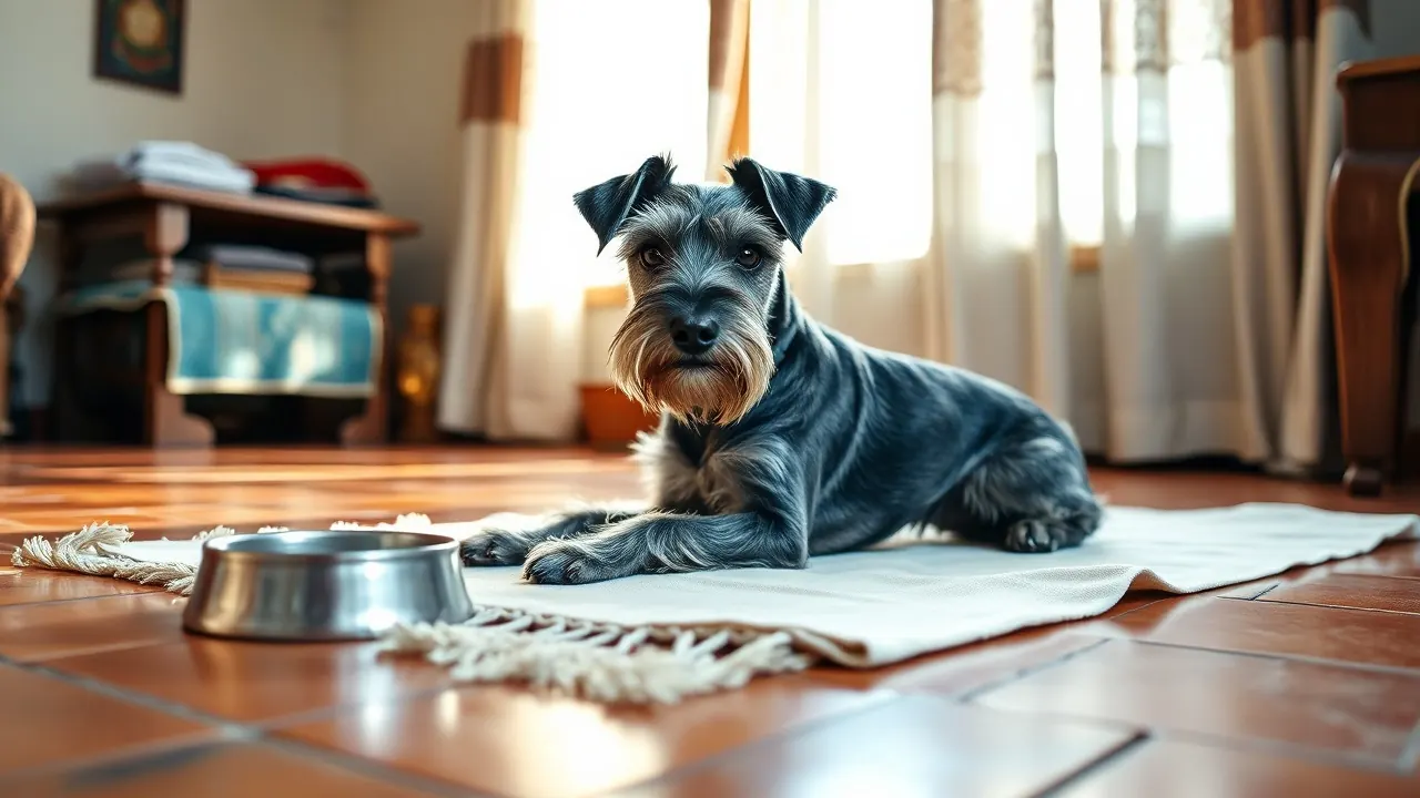 A Miniature Schnauzer rests on a cotton mat in a sunlit Indian living room beside a steel water bowl