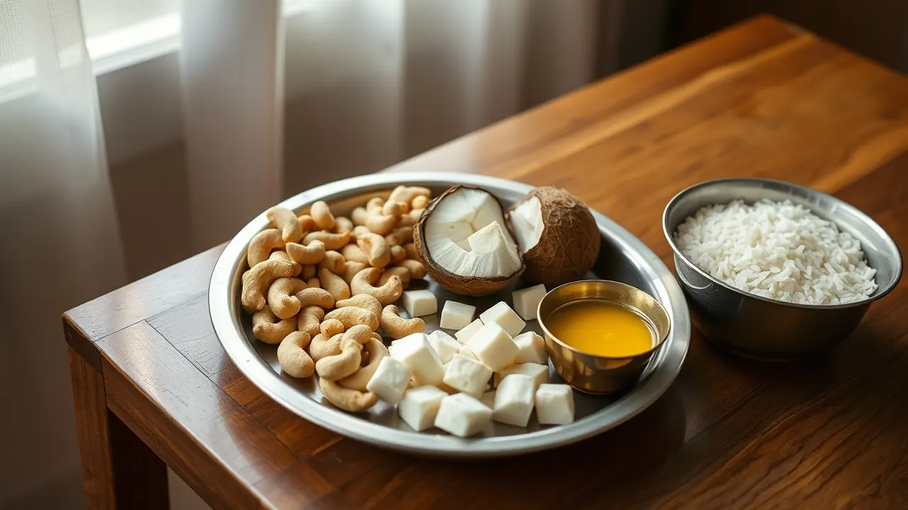 A steel thali holds cashews, peanuts, fresh coconut, paneer cubes and a bowl of ghee beside plain rice