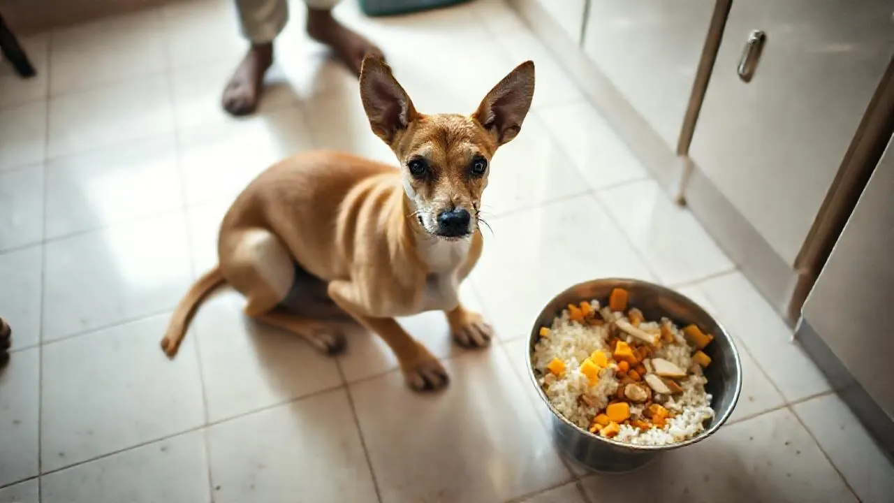 An Indie dog sits beside a steel bowl of plain rice with boiled fish and pumpkin on a kitchen floor