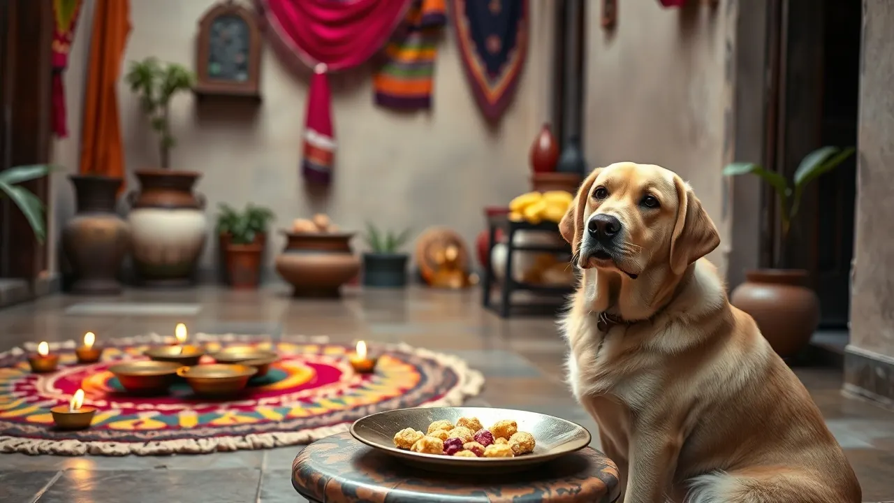 Golden Labrador sitting in a courtyard near a rangoli, diyas and a plate of festival sweets