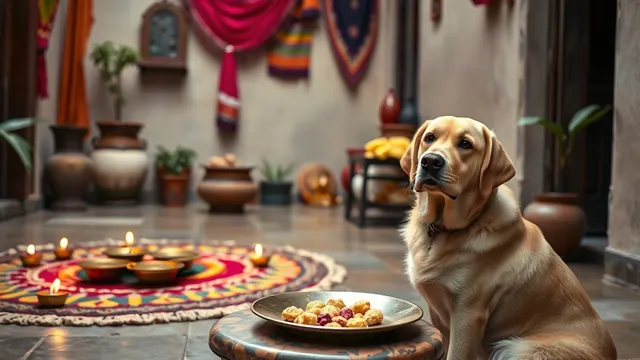 Golden Labrador sitting in a courtyard near a rangoli, diyas and a plate of festival sweets