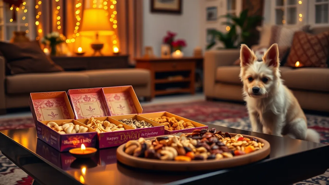 Open Diwali sweet boxes and a dry fruit platter on a coffee table, with an Indian Spitz on the rug