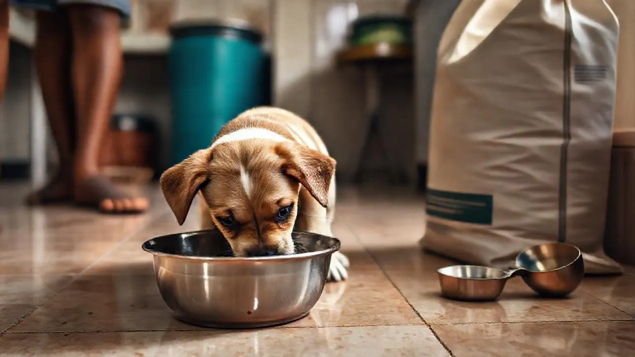 Cream and brown puppy eating dry food from a steel bowl, the biggest first year puppy cost