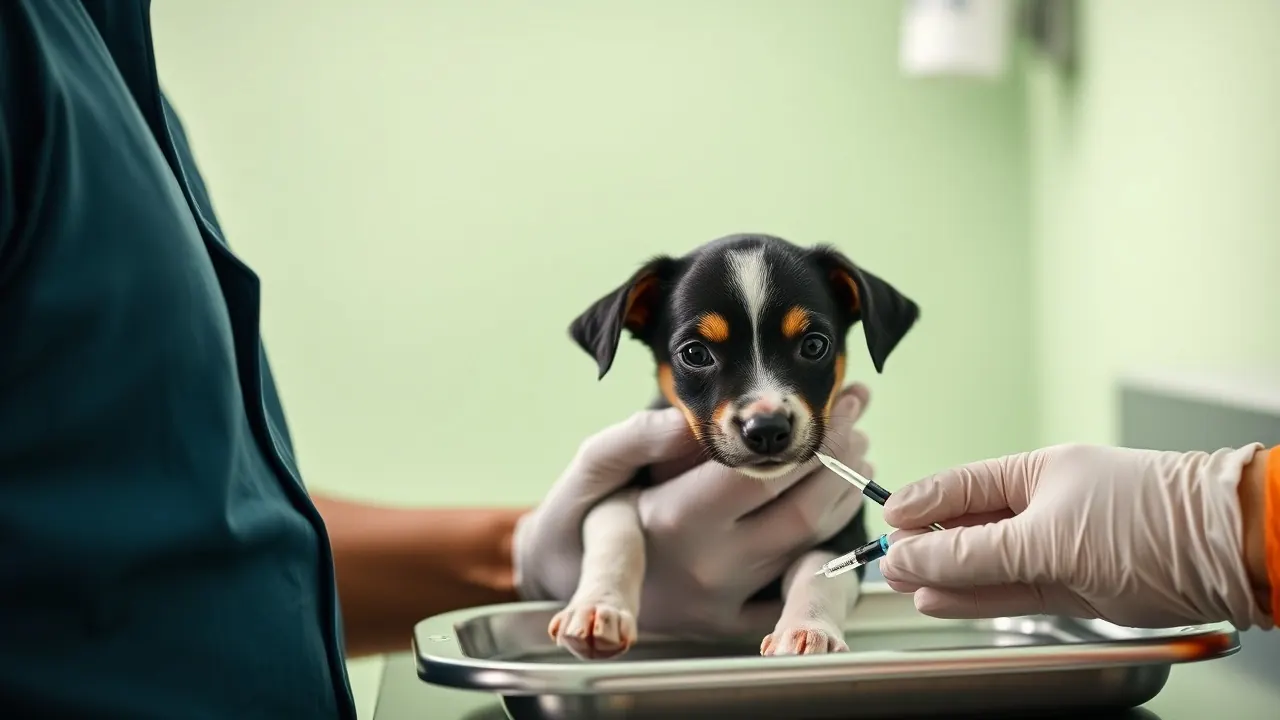 Puppy in an owner's arms as a gloved vet prepares a vaccine, a key first year puppy cost